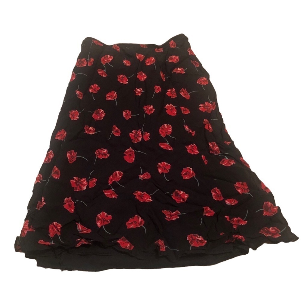 Black Floral Midi Skirt with Red Poppy Print